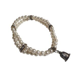 Faux Pearl Bracelet Rhinestone Accents Charm Bell Pendant Stretch Elastic
